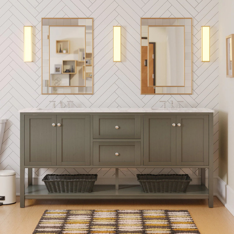 Binne 72'' Double Bathroom Vanity with Top, Weathered Gray, Engineered Carrara