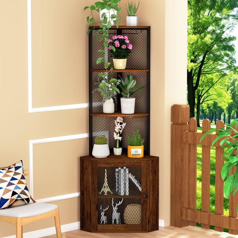 Tablette d'angle avec portes, armoire d'angle de 65 po et support à verres à vin, présentoir à 6 niveaux, présentoir de coin autoportant