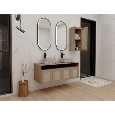 48" Bathroom Vanity with 2-Ceramic Art Sink and Side Cabinet, 4-Soft Close Door, Float Mounting Design, Plywood (KD-Packing)