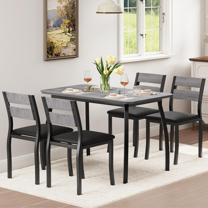 Dining Table Set for 4, 5-Piece Metal Frame Kitchen Set with Chamfer Design – Space-Saving Dining Room Furniture for Small Spaces, Apartment, Studio, Breakfast