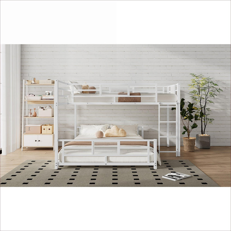Platform Bed Compact L-Shaped Twin Over Full Bunk Frame, Clean White Solid Metal Construction for Bedrooms