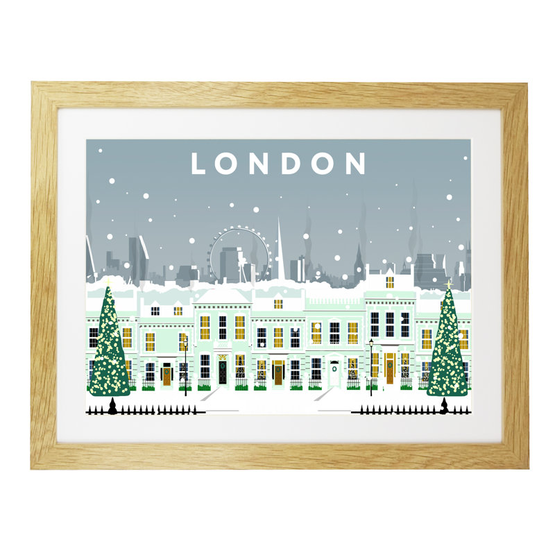London Cherry Tree Lane In Snow by Richard O'Neil - Print, 33.5 cm H x 43.5 cm W x 2.2 cm D, Oak Wood Frame