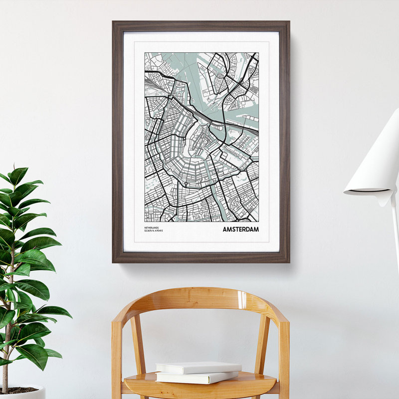 Map Amsterdam Netherlands - Picture Frame Graphic Art, Walnut Framed, 48cm H x 36cm W x 2cm D