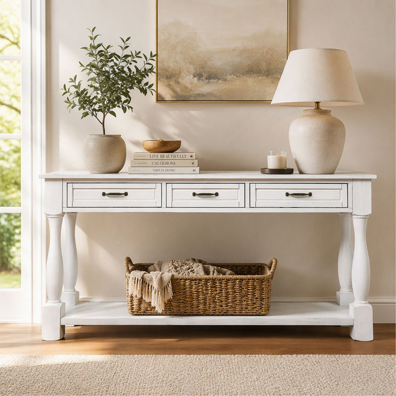Console - 63 po - Long - Bois - avec 3 tiroirs et 1 tablette inférieure - Blanc antique - pour le vestibule
