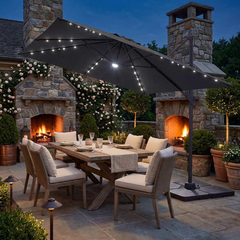 Parasol de patio en porte-à-faux décalé de 10 pi, guirlandes lumineuses à DEL à énergie solaire, auvent imperméable UV50 + et cadre antirouille, convient au bord de la piscine, au jardin