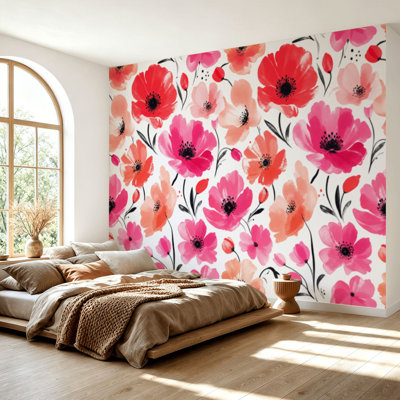 Papier peint adhésif à la main sans soudure, dessin de fleurs sauvages, éléments floraux colorés auto-adhésifs, papier contact amovible, décoration murale pour le salon, chambre à coucher H 69 po x l 96 po