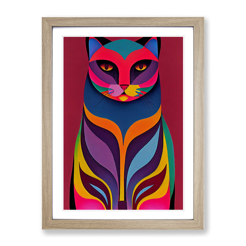 Vibrant Cat Abstract - Wall Art, 66cm H x 48cm W, Oak Picture Frame, White