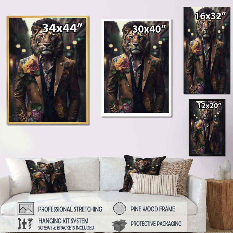 Glamour mode lion avec fleur suiti - animaux lion art mural salon, H 44 po x l 34 po x P 1,5 po, Toile tendue