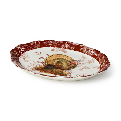 Plateau ovale de dinde Pheasant Grove 16 po x 12 po - Illustration de dindon Tom Naturalist sur grès ivoire avec bordure festonnée botanique bourgogne