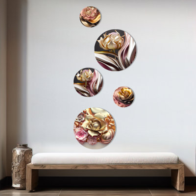 Ensemble de 5 décorations murales IV liquides et roses modernes