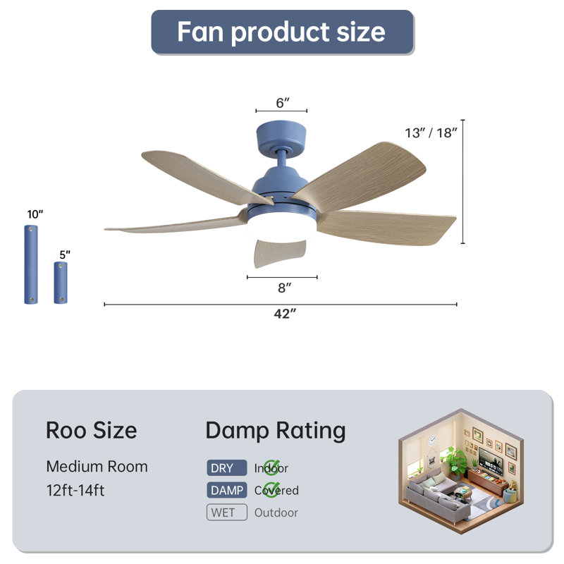 Rita 42" 5-Blade Modern Dark BlueThree-Color Dimmable Ceiling Fan Light with Remote Control