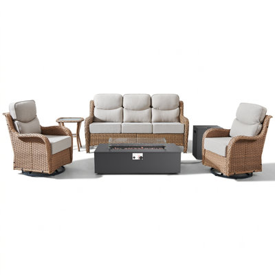 5-Person Outdoor Wicker Family Party Conversation Set With Sofa, Swivel Rockers, Ottoman and Fire Pit