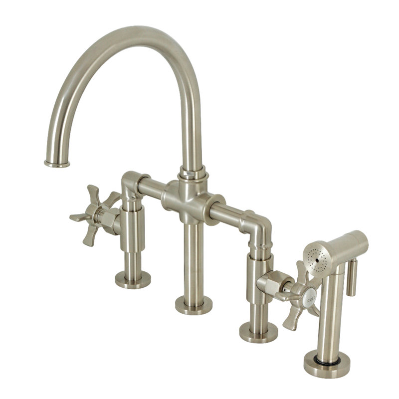 Kingston Brass Hamilton Two-Handle 4-Hole Deck Mount Industrial Style Bridge Kitchen Faucet with Brass Side Sprayer