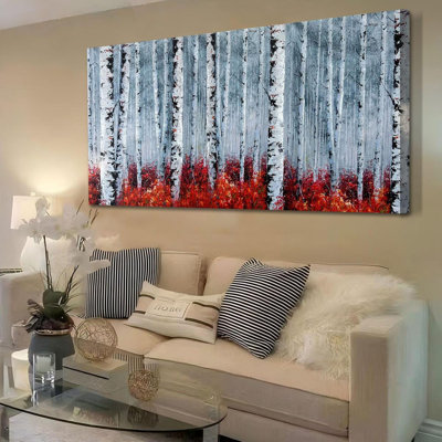 Birch Tree Wall Art White Landscape Painting Grey Canvas Forest Red Nature Panoramic Picture Rustic For Living Room Bedroom Home Office Decor, Large 48"X24"