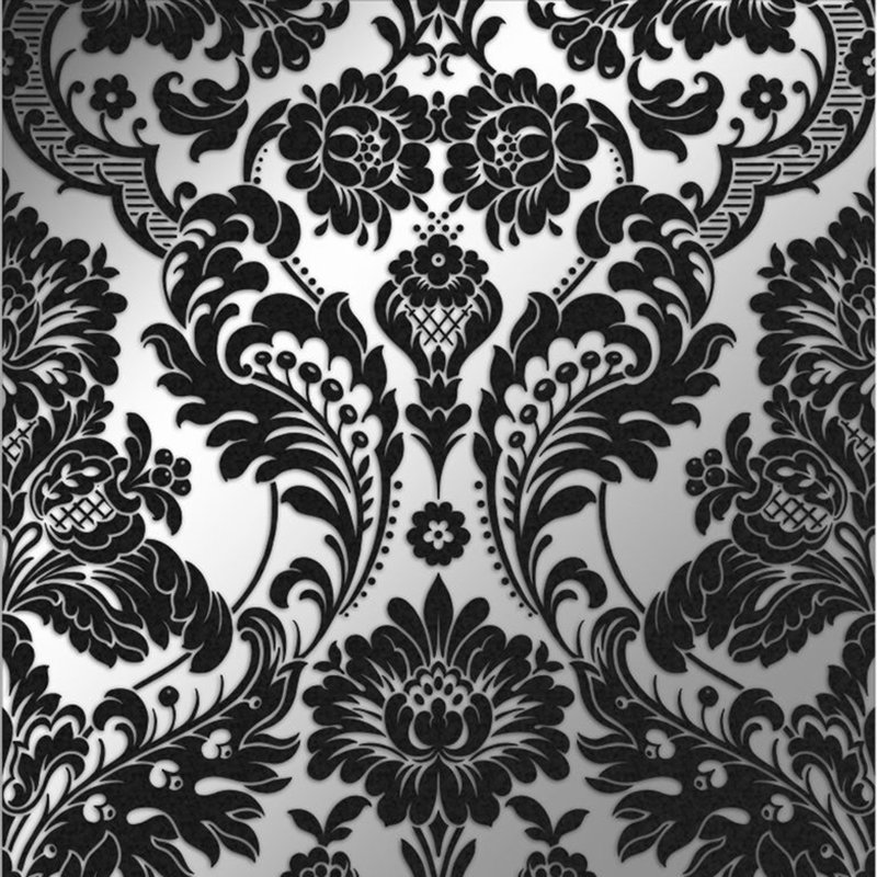 Gothic Damask Metallic Wallpaper Roll, Black/Silver