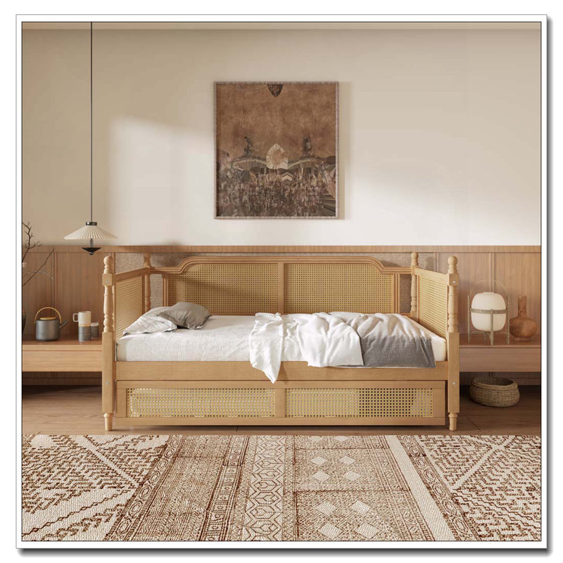 Lit de jour en rotin de style traditionnel avec lit gigogne double pour un espace limité, chambre d'amis, aucun sommier nécessaire, noyer antique