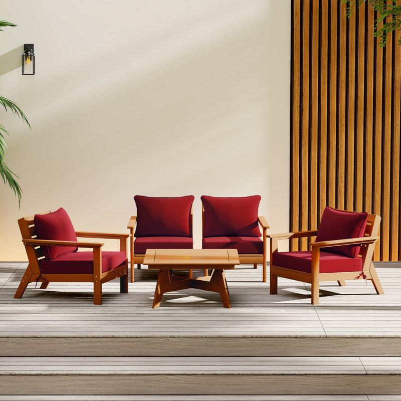 5-Piece Deep Seating Set, Teak, Red