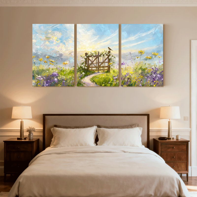 Bouquets de fleurs assortis avec sentier de jardin et barrière en bois, ensemble de 3 impressions sur toile