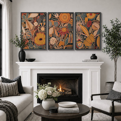 Abstract Botanical "Bohemian Orange Brown Floral Artwork, Unique Vintage Classy Living Room Wall Pictures, Framed Canvas Giclée Print 3 Pieces Wall Art" 16"x24"x3 pcs, 24"x36"x3 pcs, 20"x60"x3 pcs