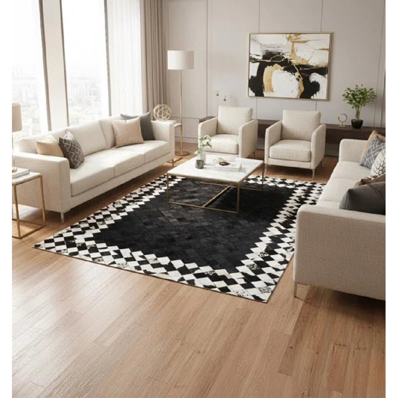 Tapis noir en peau de vache, tapis à bordure à carreaux, tapis en patchwork noir et blanc, Rectangle 9 pi 6 po x 13 pi 6 po