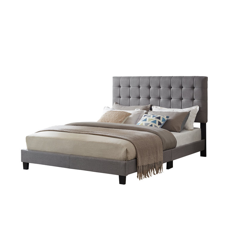 Lit capitonné contemporain avec tête de lit ajustable, en lin gris, une place, Lit simple, Gris