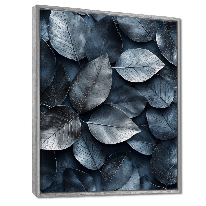 Étain, feuilles, art mural sur toile, H 44 po x l 34 po, Reproduction avec cadre flottant, Argent argent