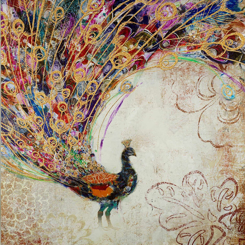 Peacock with feathers - 32"x32" art on canvas