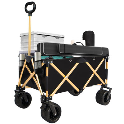 Heavy-Duty 360lb Capacity Foldable Utility Wagon – All-Terrain Quiet Wheels, Adjustable Handle & Cup Holders for Camping, Gardening, Picnic, Sports, and Shopping, black