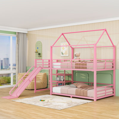 Whimsical Metal House-Shaped Bunk Bed with Slide and Storage Staircase