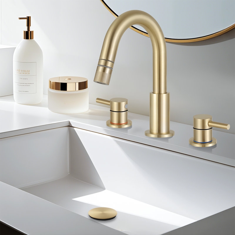 Robinet de salle de bain à 2 fonctions avec douchette rétractable et drain, Or brossé