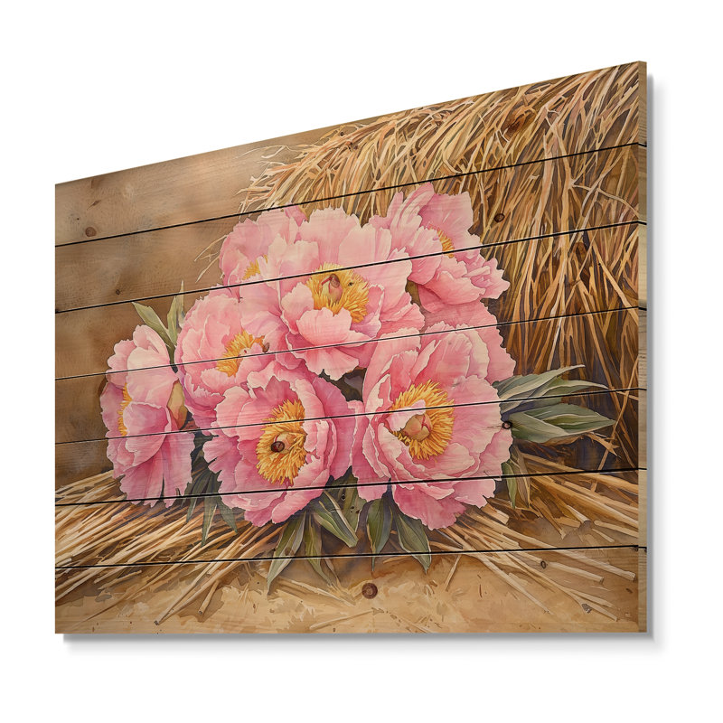 Ferme pivoines le long de la meule de foin - impression de pivoines sur bois de pin naturel, H 10 po x l 20 po x P 0,78 po