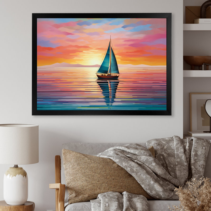 Voilier abstrait Horizon I, H 24 po x l 32 po x P 1 po, Cadre simple noir