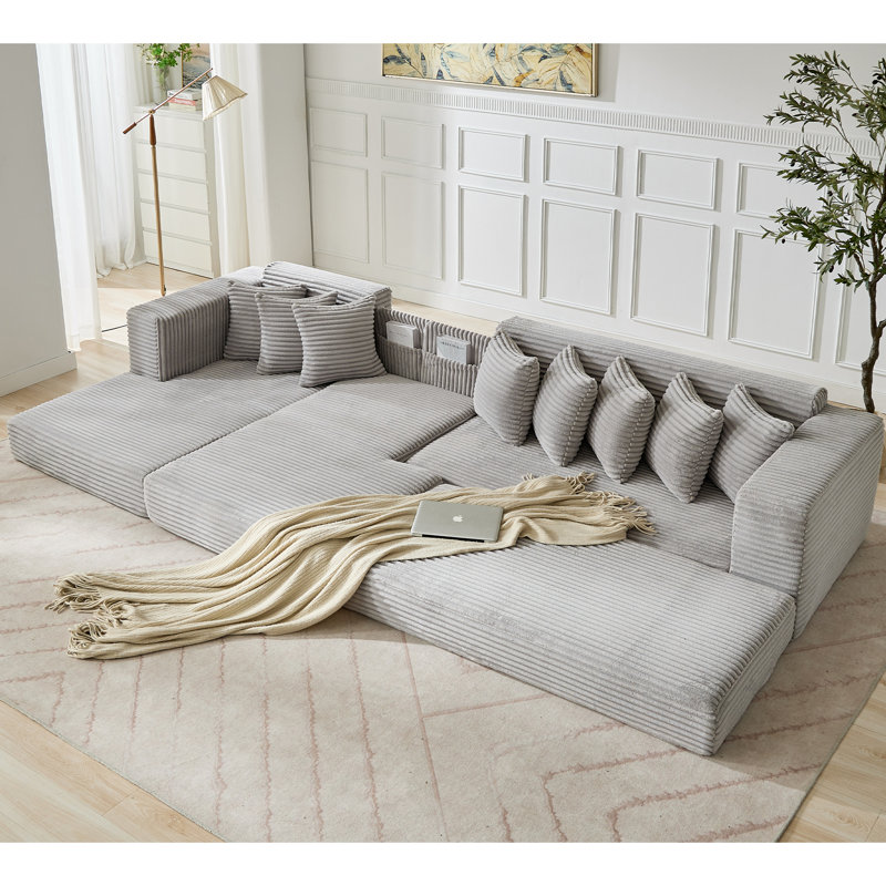 Canapé modulaire moderne en velours côtelé Veyra, Polyester gris clair