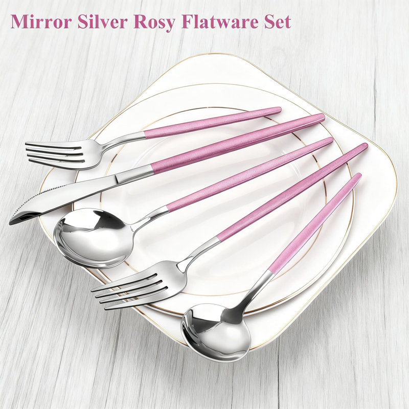 Ensemble de couverts 20 pièces en acier inoxydable, service de couverts en argent satiné pour 4 personnes, design miroir rosé pour la maison et le restaurant, ensemble de couverts allant au lave-vaisselle