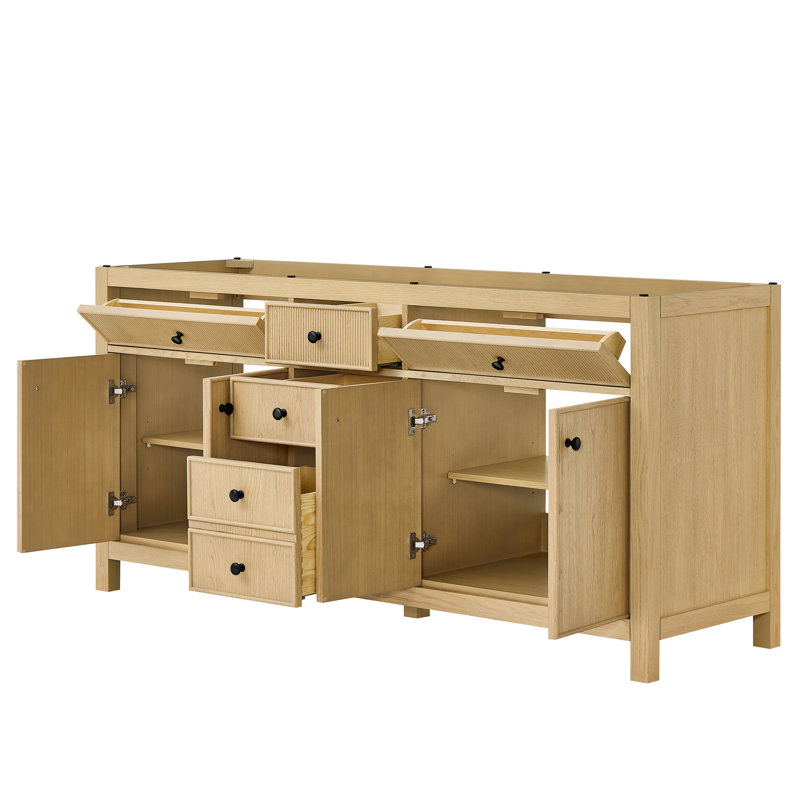 Meuble-lavabo double 72 po Rian en chêne scandinave, sans comptoir, sans lavabo, garniture noir mat