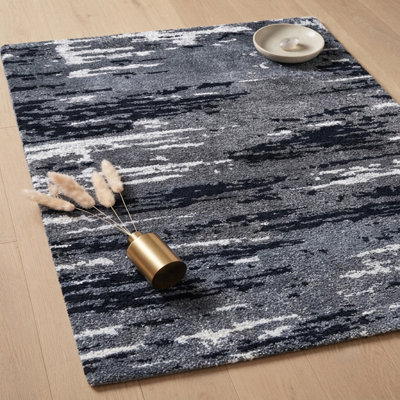 Tapis d'intérieur rectangulaire en soie nouée à la main, gris et blanc abstrait