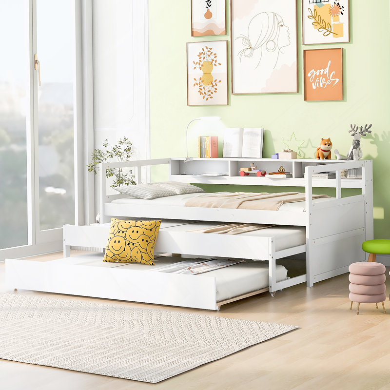 Wood Daybed with 2 Trundles, 3 Storage Cubbies, 1 Light and USB Charging Design