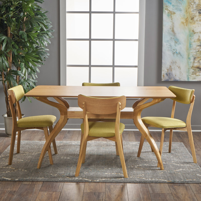 Bryona 59" 4-Person Wood Trestle Dining Set with Upholstered Chairs, Green Tea, Natural Oak