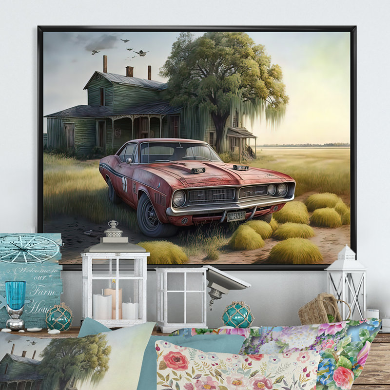 Orange Muscle Car at the Barn - Peinture sur toile, H 12 po x l 20 po x P 1 po, Toile avec cadre flottant noir