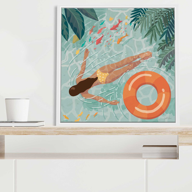 Beach Babes IV, peinture, L 21,5 po x H 21,5 po, Cadre blanc