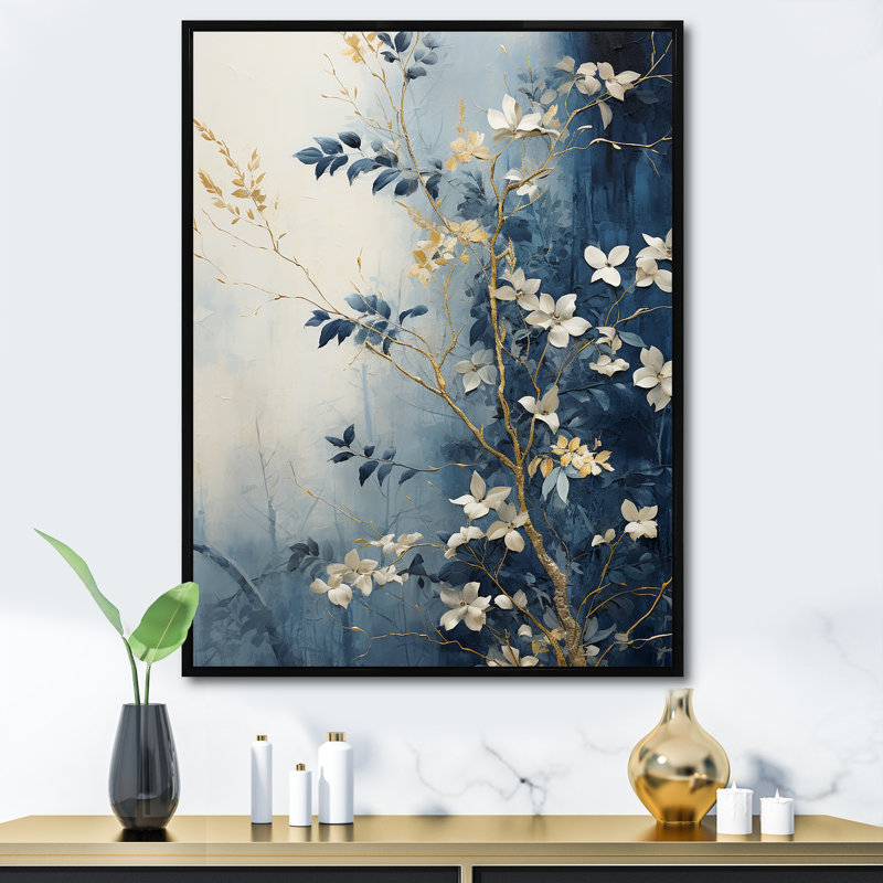 «Abstract Gold and Blue Botanical», reproduction sur toile, H 32 po x l 16 po x P 1 po, Cadre flottant noir