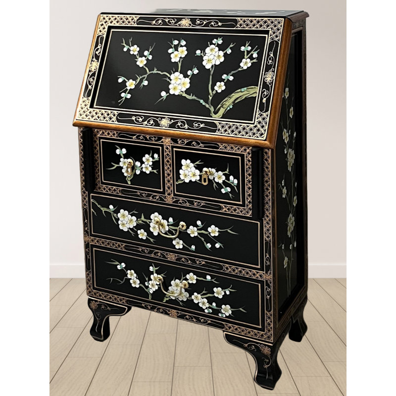 Anylah Writing Bureau Secretary Desk with Hutch, Hand Painted Blossom 