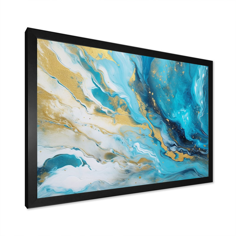 Impression sur toile turquoise et or infusé III, Cadre simple noir, H 16 po x l 32 po x P 1 po