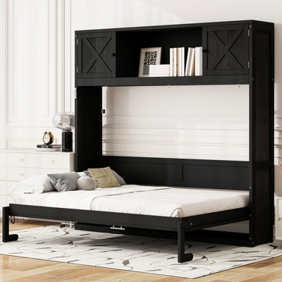Lit noir double, 3 placards de rangement et accents en forme de X, cadre de lit en bois, gain de place pour les lofts avec compartiments d'intimité, pin massif, style rustique maison de campagne