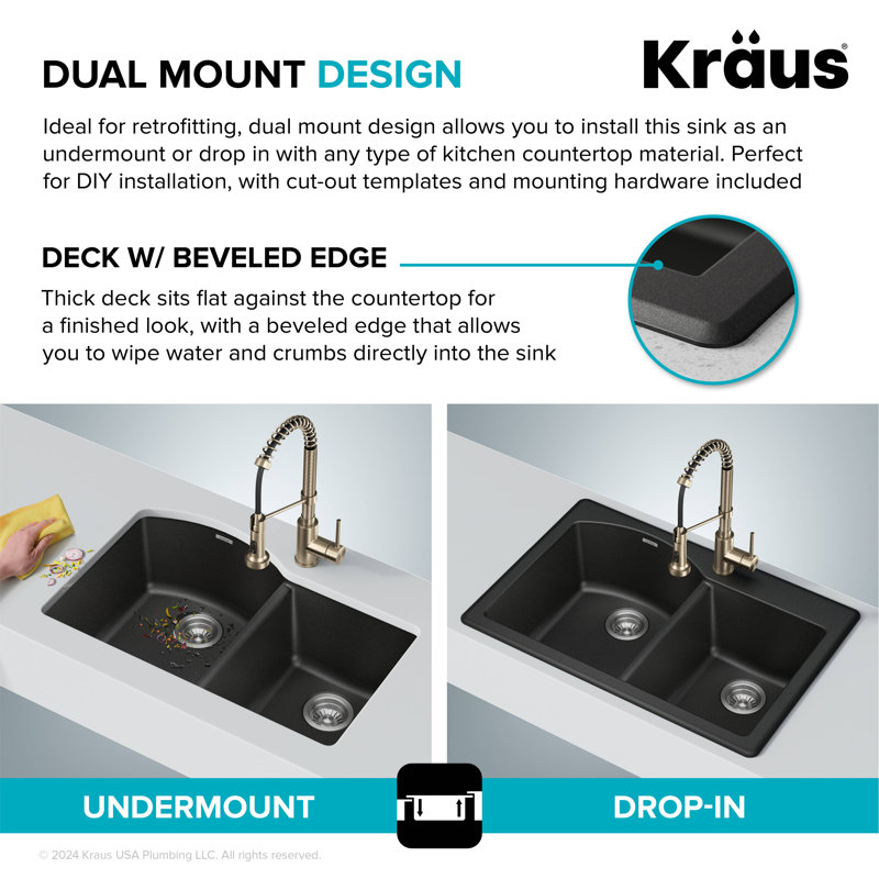 KRAUS Forteza™ 33" L Dual Mount 60/40 Double Bowl Granite Kitchen Sink, Black