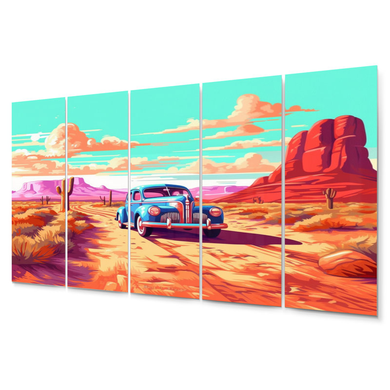 Vintage Blue Car in Desert Landscape Metal Wall Art