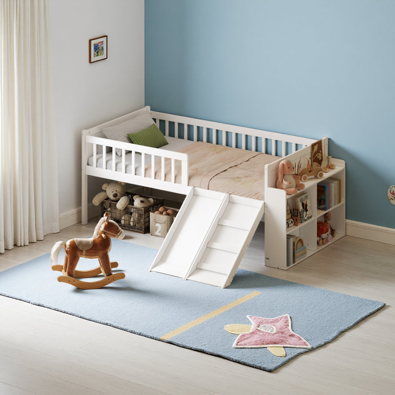 Structure de lit simple avec tablette de rangement, structure de lit en bois avec glissière et échelle, lit plateforme simple avec garde-corps, aucun sommier requis, assemblage facile