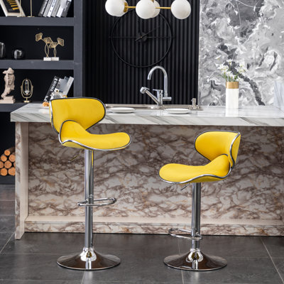 Velvet Upholstered Adjustable , Yellow  2  - Robust Metal Base 360 Swivel & Footrest Air-lift Seat Height Adjustment Soft Pad , Of 2, Chromed With And Foam