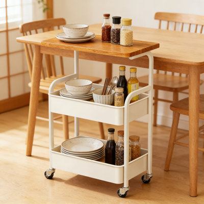 Chariot utilitaire roulant à 3 niveaux avec roulettes verrouillables et plateau de table en bois - Chariot de rangement mobile polyvalent pour la cuisine, le bureau, la chambre à coucher et l'organisation de dortoir