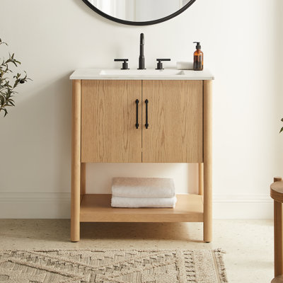 Meuble-lavabo de 30 po avec comptoir en Corian, pieds en bois massif et armoire en placage de chêne, meuble-lavabo autoportant avec portes à fermeture en douceur, entièrement assemblé
